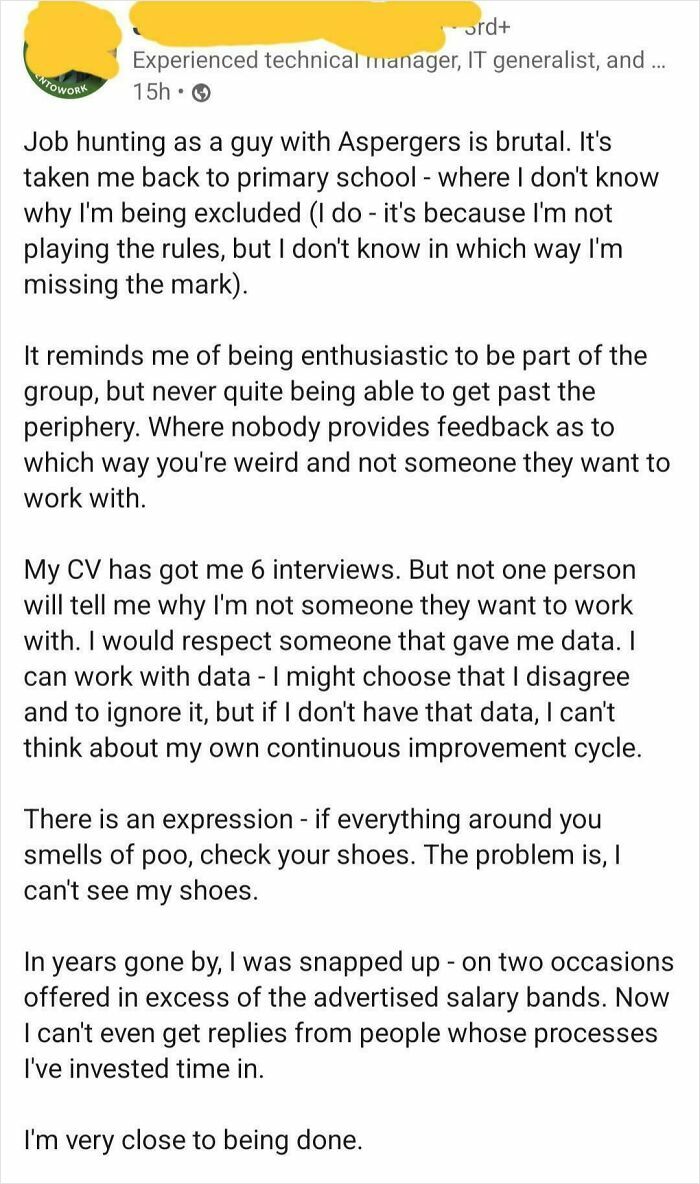 Text describing a difficult job hunting experience for someone with Aspergers, highlighting the recruiting challenges.