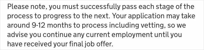 Text showing long recruitment process warning, highlighting "recruiting hell" with application taking 9-12 months including vetting.