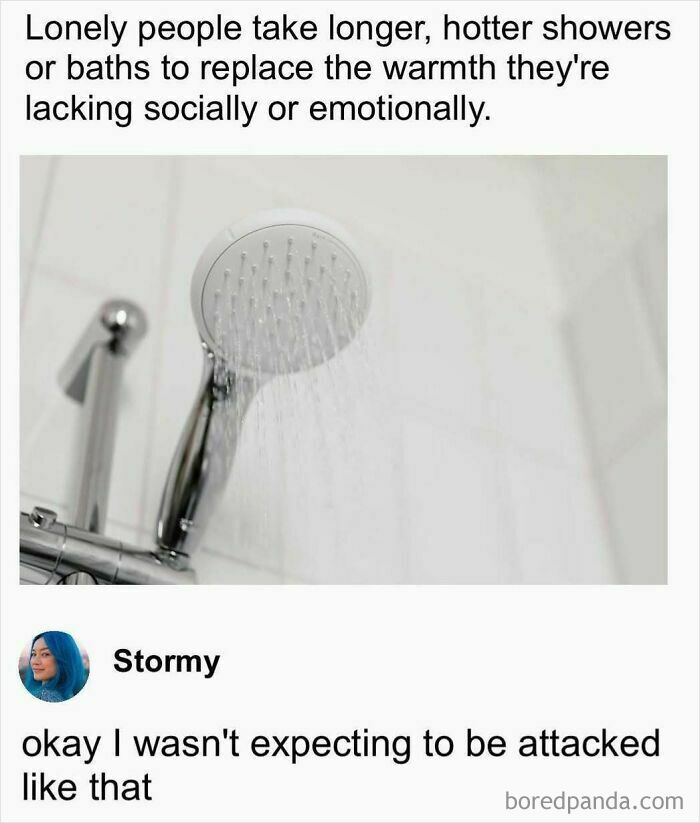 Meme of a shower with a humorous comment about loneliness, featuring text from a user named Stormy reacting humorously.