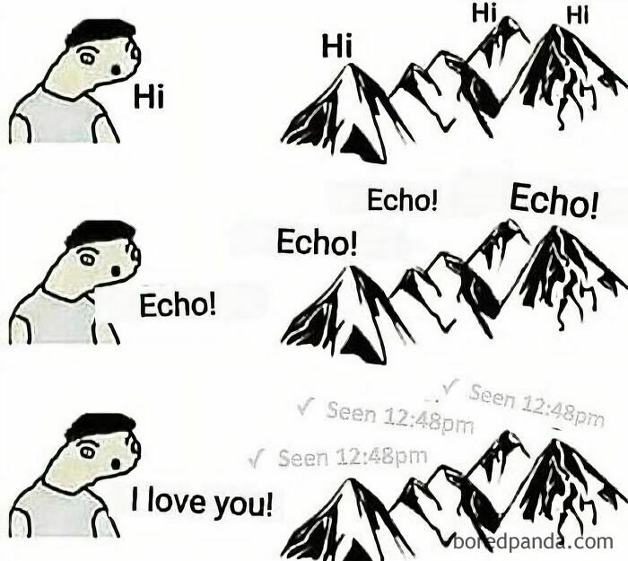 Cartoon of a person saying "Hi" and "I love you" to mountains, showing humorous "nerds of grey" meme style.