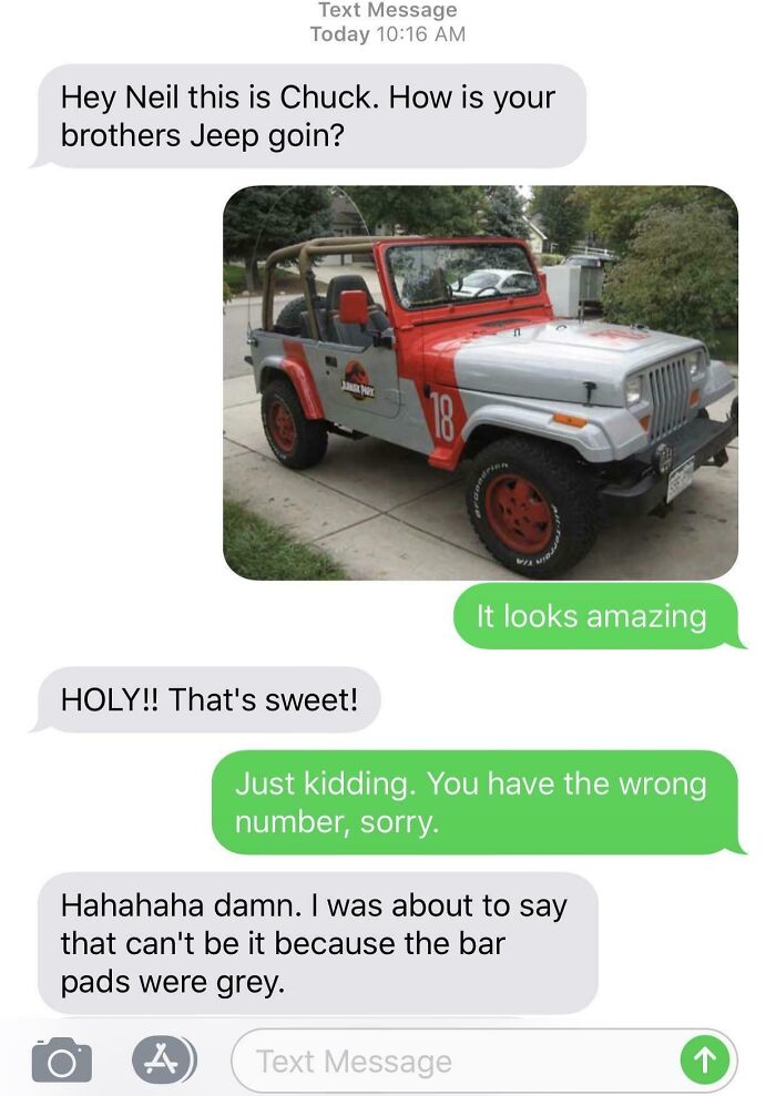Text conversation about a Jeep with a funny twist due to wrong recipient.