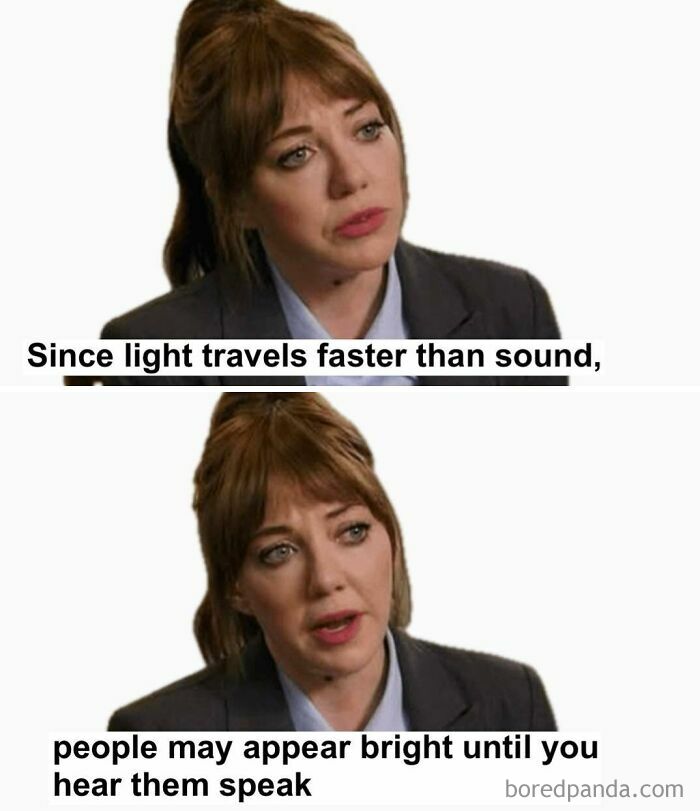 Woman delivering a clever joke about people, highlighting humor from "nerds."