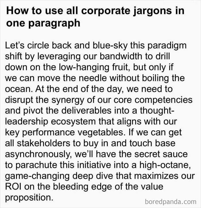 Text meme using excessive corporate jargon humorously, featuring phrases like "circle back" and "paradigm shift."