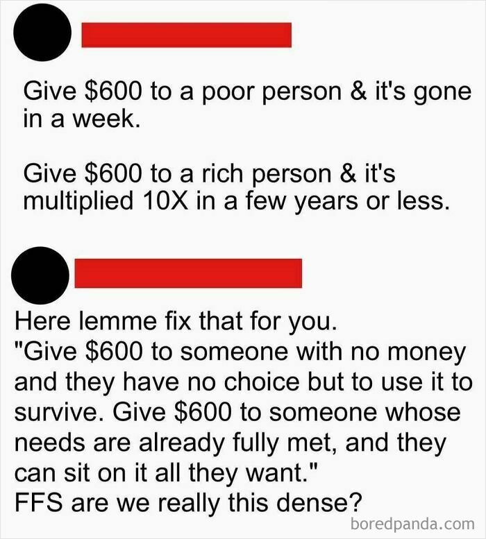 Humorous meme contrasting financial situations with "nerds of grey" style wit.