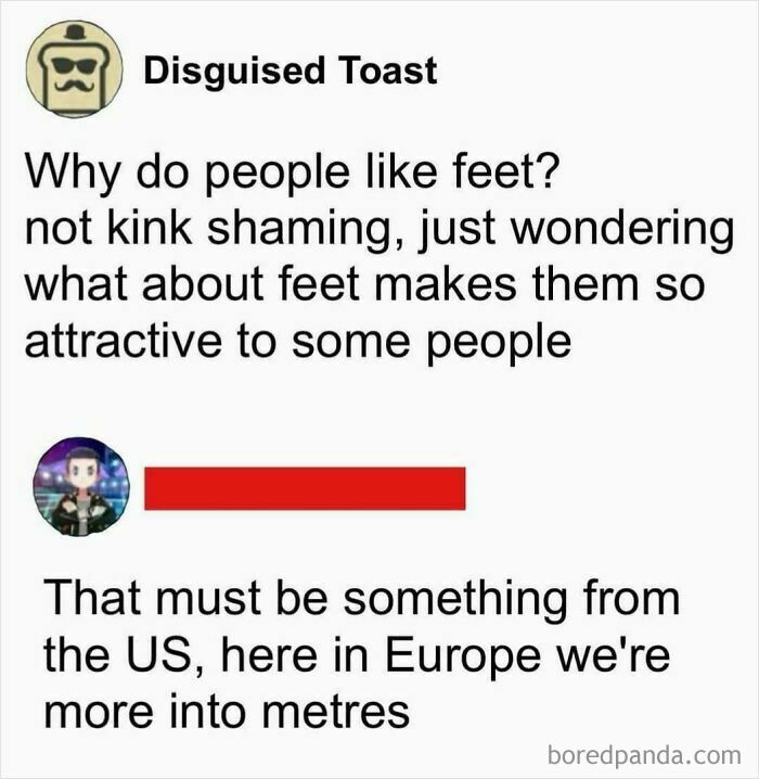 Text meme with a humorous take on why people are attracted to feet, featuring a comparison between the US and Europe.