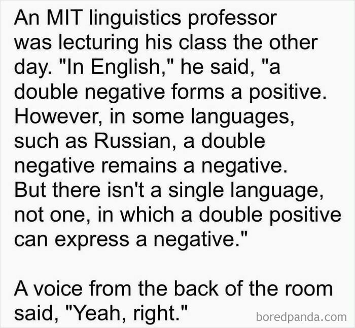 Linguistics professor joke about double negatives and positives, highlighting humor in nerd culture memes.