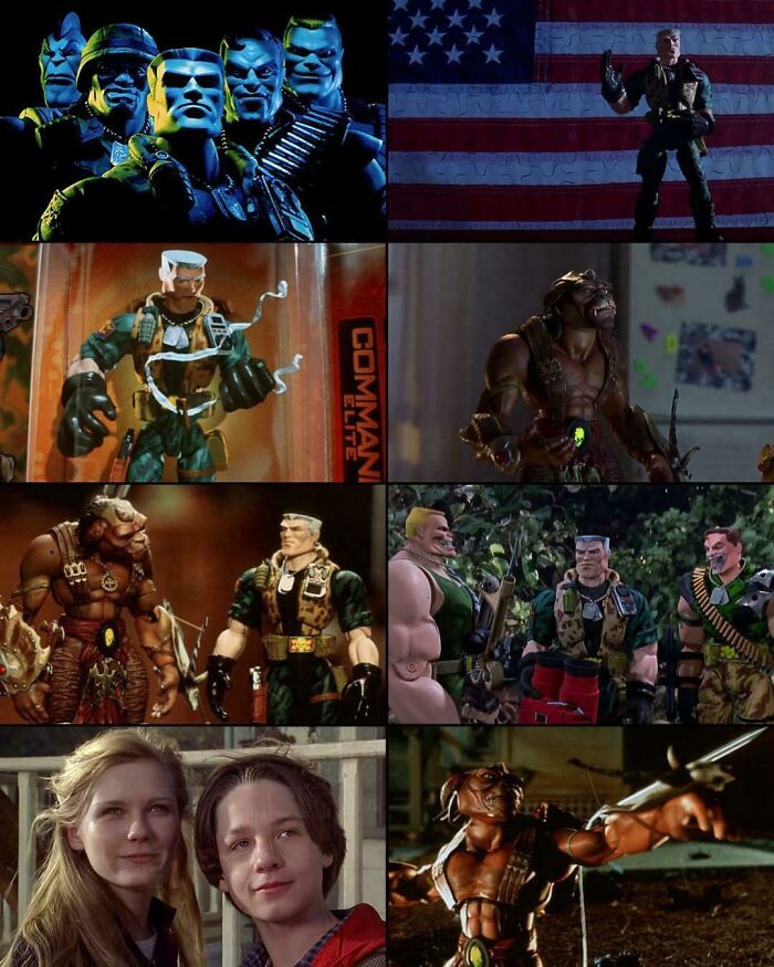 Collage of '90s action figures and movie scenes, showcasing nostalgic elements from the era.