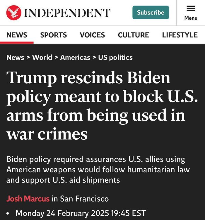 "Independent headline about Trump rescinding a Biden policy on U.S. arms in war crimes."