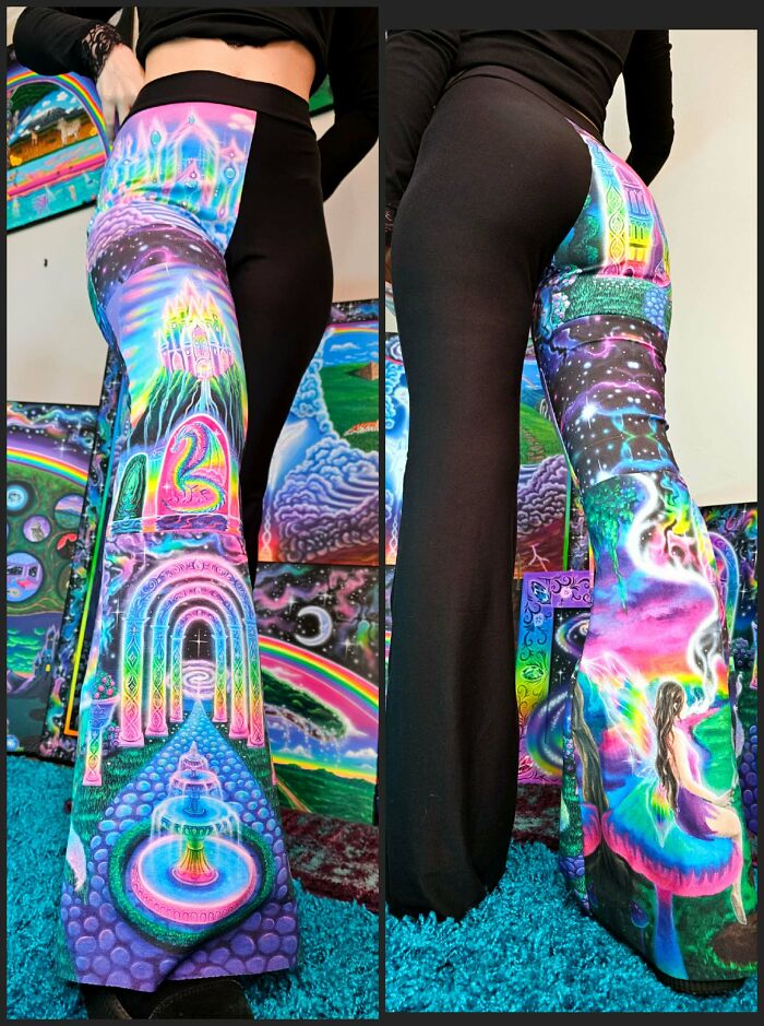 Colorful DIY project showcasing painted pants with vibrant cosmic and fantasy designs.