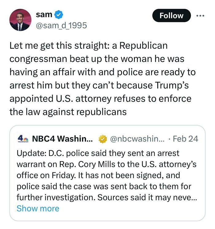 Tweet highlighting a facepalm moment about legal challenges involving a congressman and law enforcement actions.