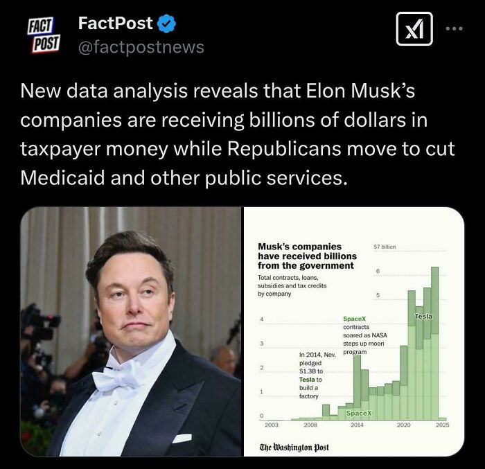 Elon Musk's companies receive billions in taxpayer money; graph shows financial data over years.