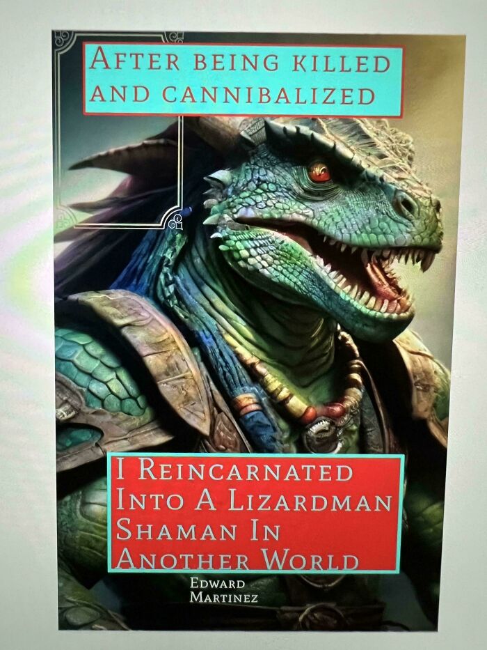 Terrible book cover featuring a fierce lizardman shaman with the title about reincarnation into another world.