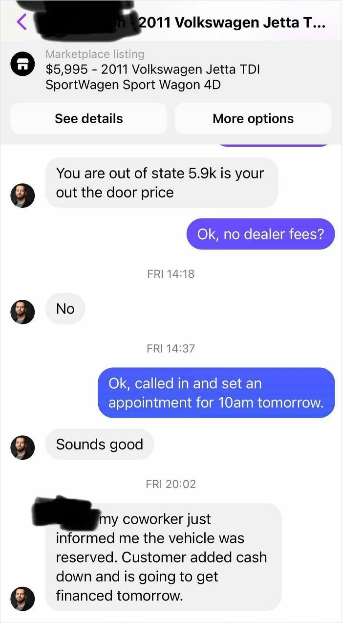 Screenshot showing a conversation about a 2011 Volkswagen Jetta, highlighting cancelled reservations.
