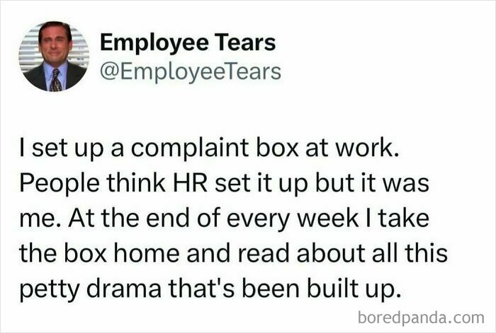 Humorous Resources meme about an employee secretly reading complaint box dramas at work.