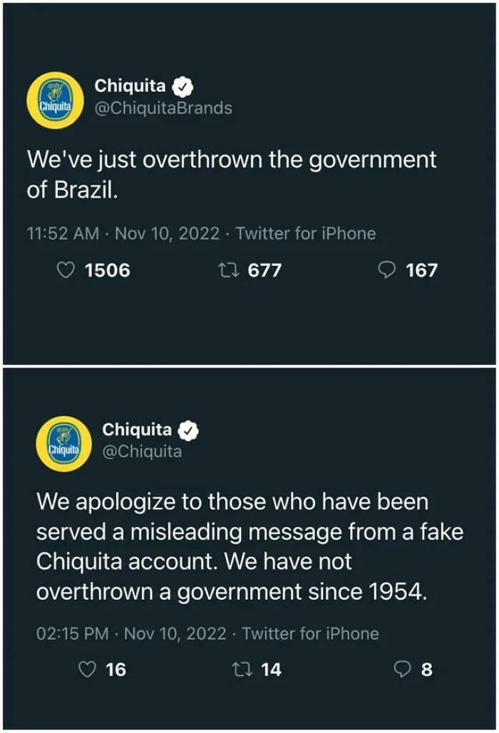 Funny memes: Fake Chiquita tweets about overthrowing Brazil and clarifying the error.