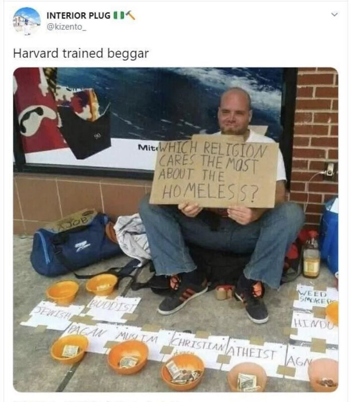 Man with a sign and bowls labeled by religion, part of a funny memes collection.