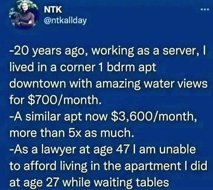 Text meme about rent prices and career change over 20 years for entertainment.