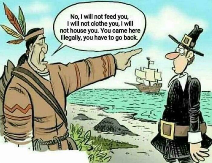 A humorous meme showing a Native American telling a pilgrim to go back, with a ship in the background.