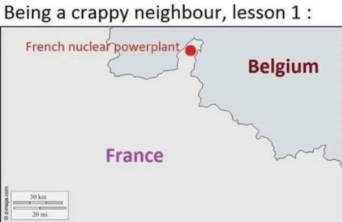 Map joke about a French nuclear plant near Belgium border, illustrating funny neighbor relations.