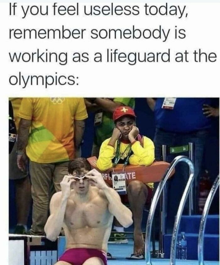 Olympics lifeguard meme showing a swimmer preparing, while a bored lifeguard sits in the background.