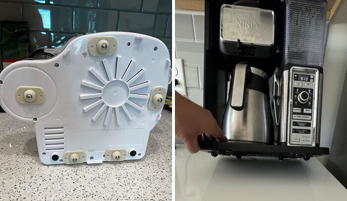 Kitchen appliance with problem-solving design features, including underside view and compact storage solution.