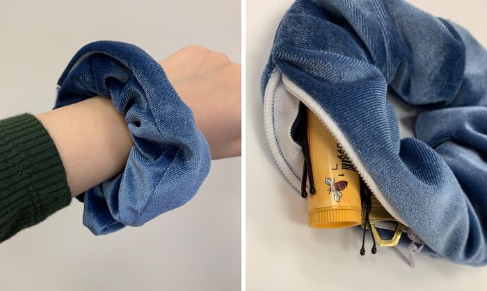 Blue velvet scrunchie with hidden zipper, worn on a wrist and storing small items, showcasing a problem-solving product.