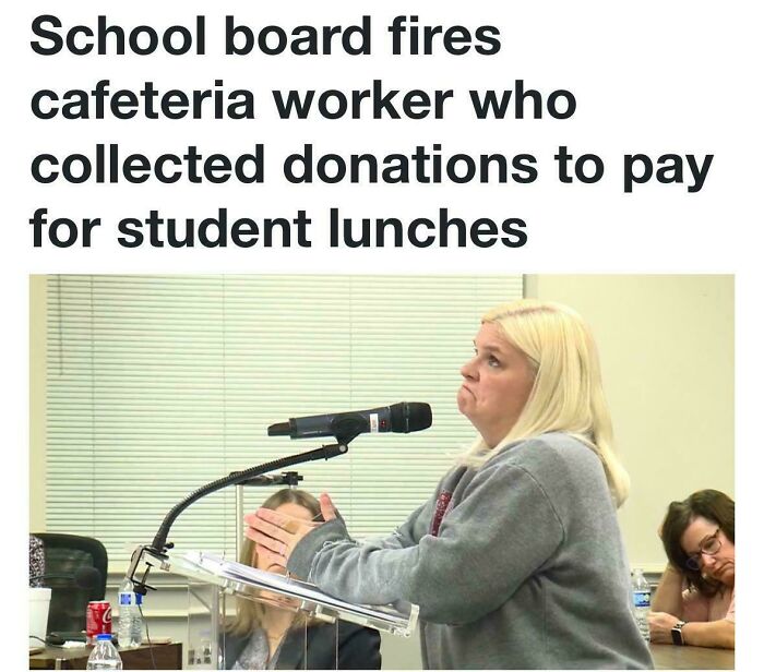 A woman speaks at a podium after being fired for collecting donations for student lunches, highlighting a facepalm moment.