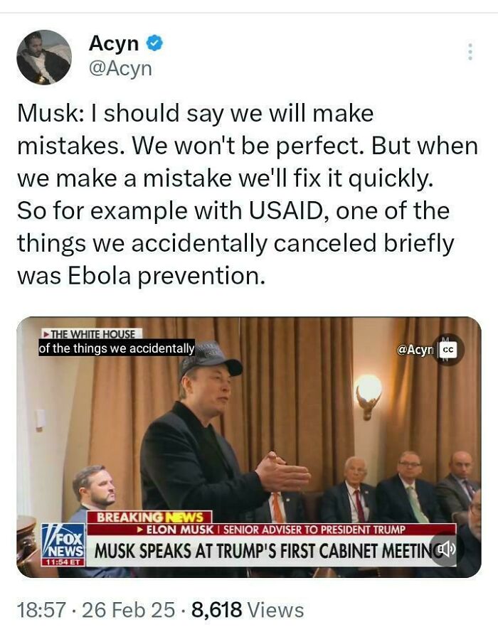 Tweet about facepalm moment with Musk discussing mistakes and Ebola prevention at a meeting.