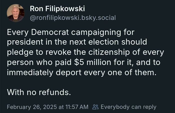 Tweet showing courage with a bold political opinion demanding revocation of citizenship and deportation for $5 million buyers.