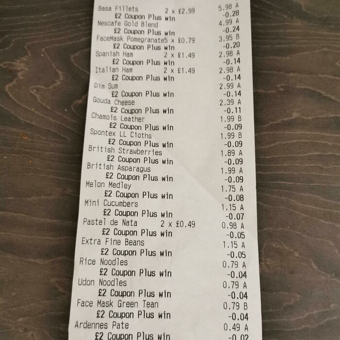 Interesting receipts showing various grocery items with coupon discounts for savings on total purchase.