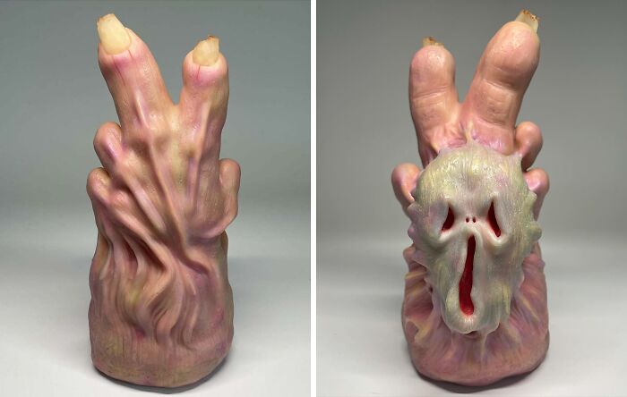 Creepy handmade craft resembling twisted fingers with a spooky face-like detail on the back.