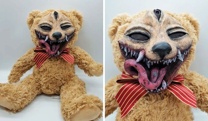 Creepy handmade teddy bear with a monstrous face and fangs, featuring a red-striped bow.