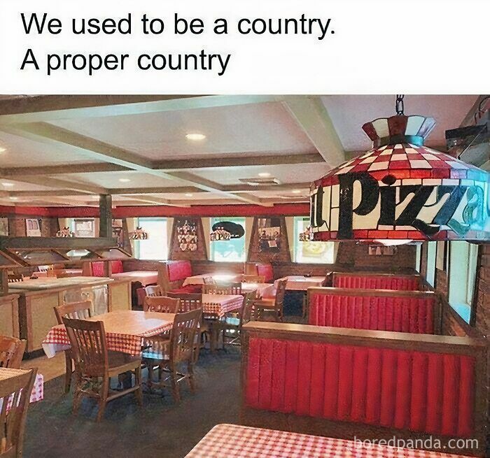 '90s-themed pizza parlor with red booths and checkered tablecloths, capturing the nostalgic vibe of a proper country.