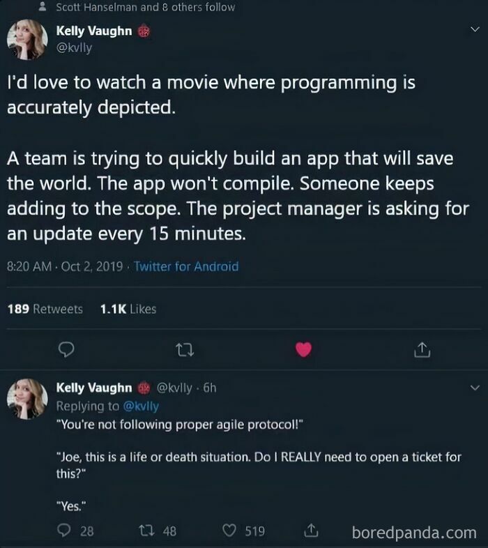 Programming meme about software projects, depicting humorous struggles with app development and project management requests.