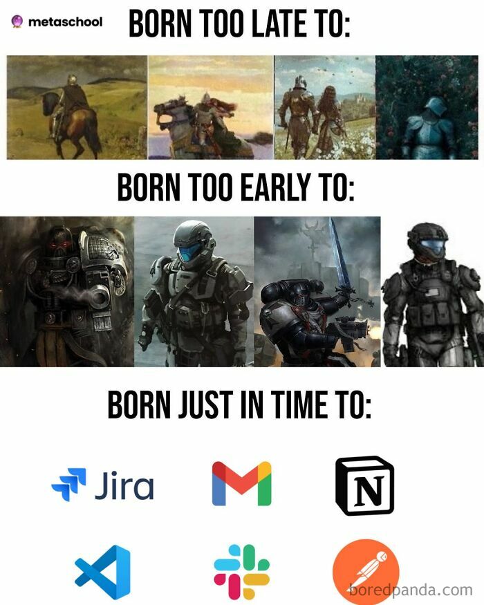 Funny programmer meme comparing historical and futuristic imagery with modern software logos.