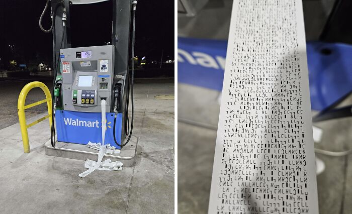 A lengthy receipt found at a gas station pump, featuring unusual repeated patterns.