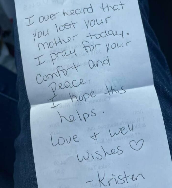 A heartfelt handwritten note found with comforting words on a receipt, adding a personal touch to interesting receipts people found.