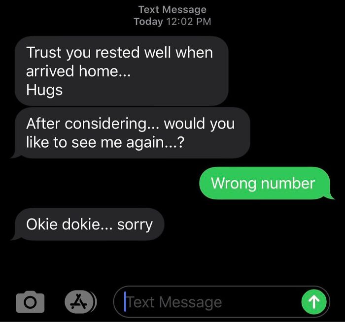 Text conversation with funny message sent to wrong recipient, resulting in an apology.