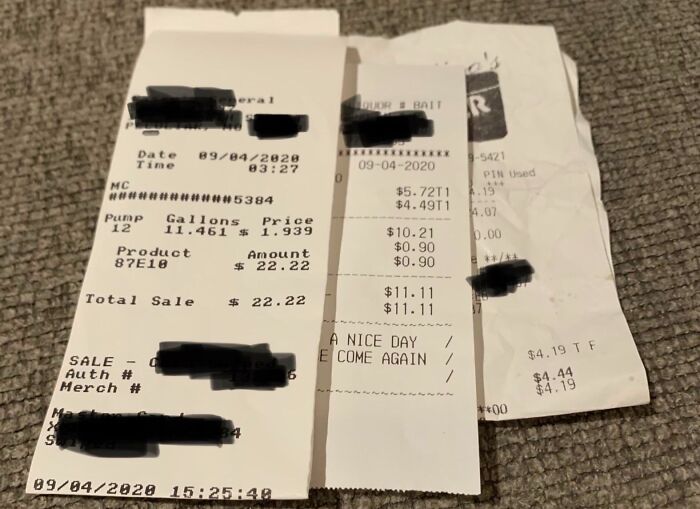Interesting receipts people found showing unusual gas prices and totals, dated 09/04/2020.