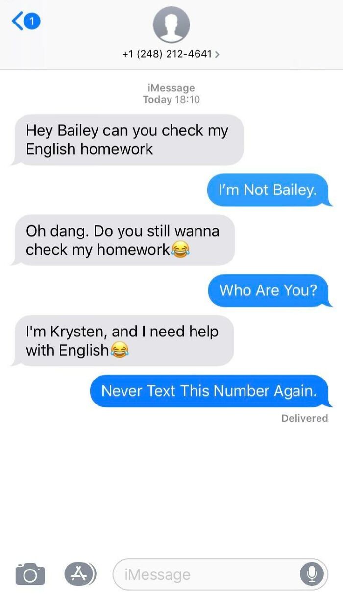 Texting mishap with funny messages sent to wrong recipient, involving English homework confusion.