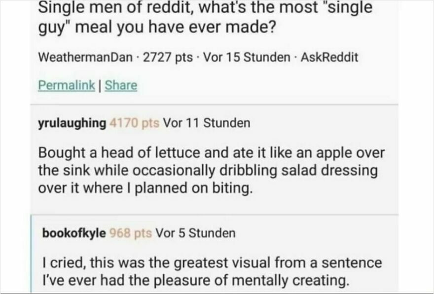 Reddit thread screenshot with puncrastination memes and funny comments about single guy meals.