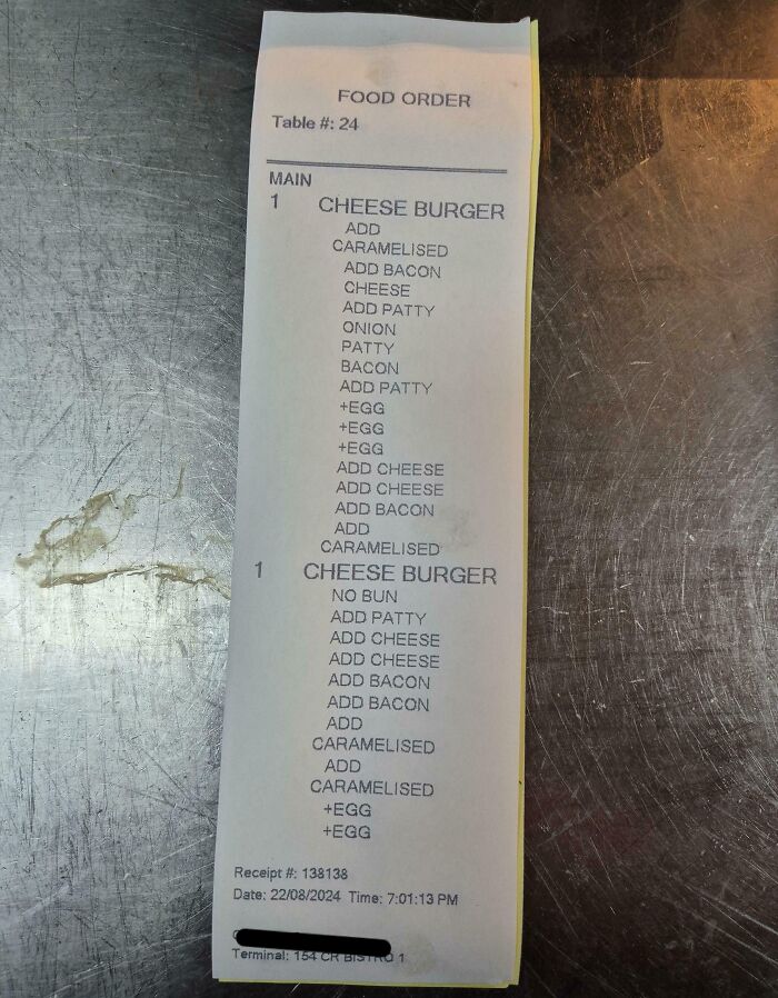 Receipt with multiple burger customizations, highlighting interesting details people found.