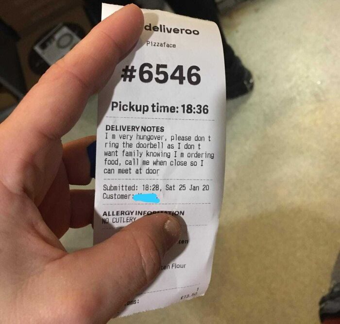 Person holding an interesting receipt with humorous delivery notes from a restaurant order.
