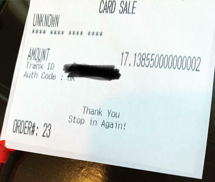 Receipt with unusual total amount found, showing a transaction of 17.138550000000002 and order number 23.