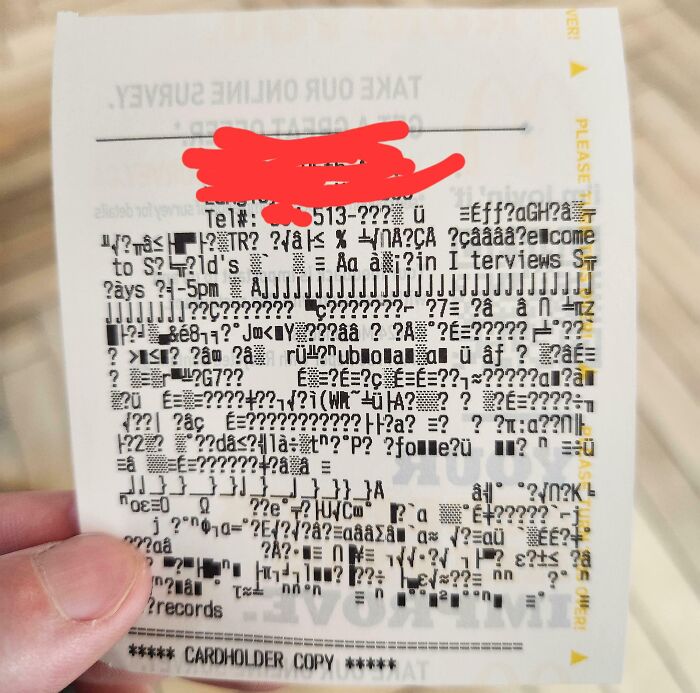 Glitched receipt with illegible text, held by a hand; an example of interesting receipts people found.