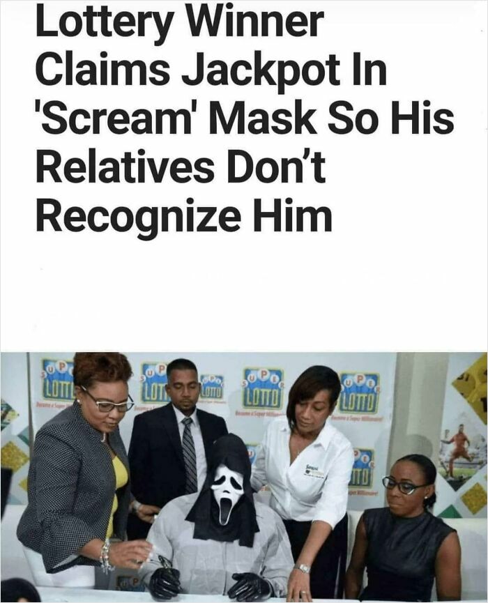 Lottery winner claims prize wearing 'Scream' mask, surrounded by officials.