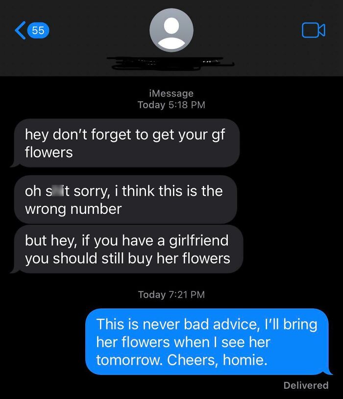 Text conversation with funny-message sent to wrong-recipient about buying flowers for a girlfriend.