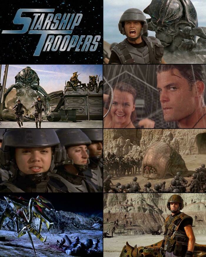 Collage of nostalgic 90s Starship Troopers scenes featuring soldiers, alien creatures, and iconic moments from the film.