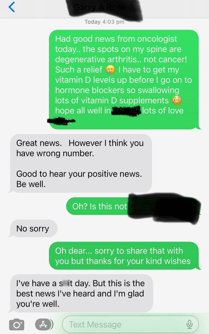 Text conversation with funny messages sent to the wrong recipient discussing health news and a kind response.