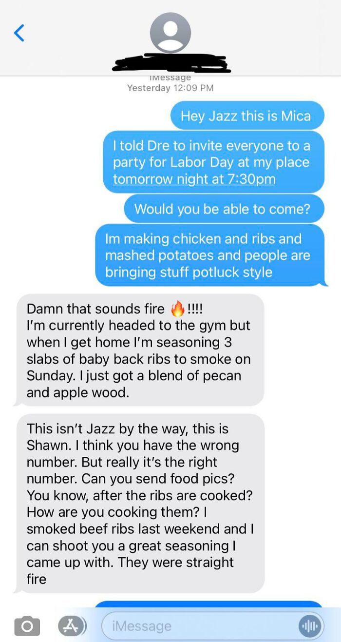Text message conversation with funny messages sent to a wrong recipient, discussing food and a Labor Day party.